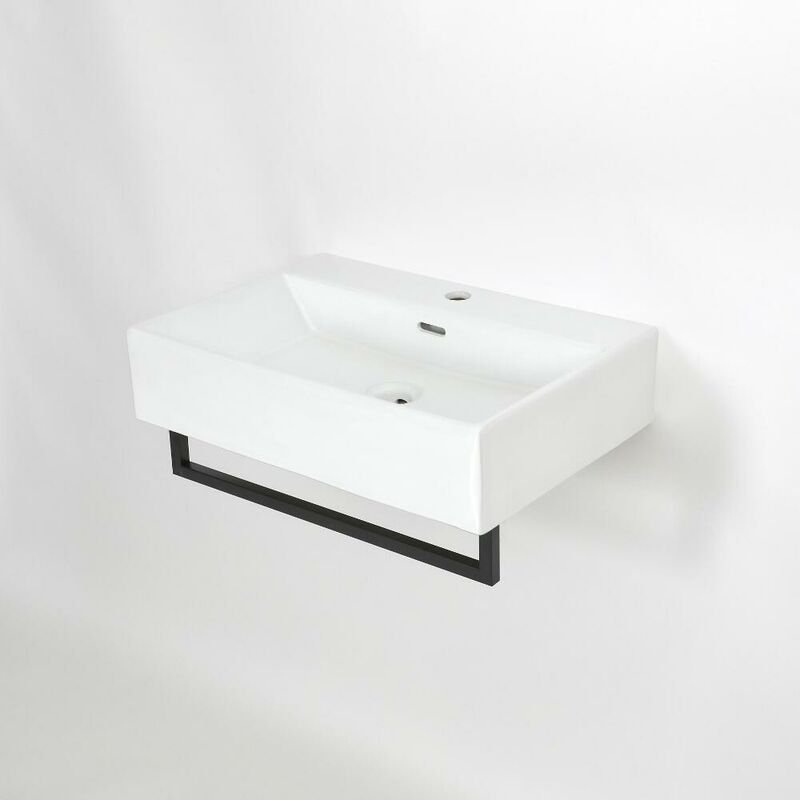 Elswick - Modern White Ceramic Wall Hung Bathroom Basin Sink with One Tap Hole and Black Towel Rail - 600mm x 420mm - Milano