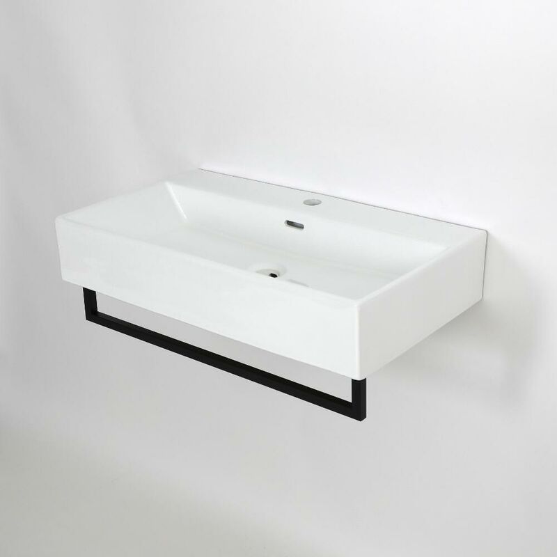 Milano Elswick - Modern White Ceramic Wall Hung Bathroom Basin Sink with One Tap Hole and Black Towel Rail - 750mm x 420mm