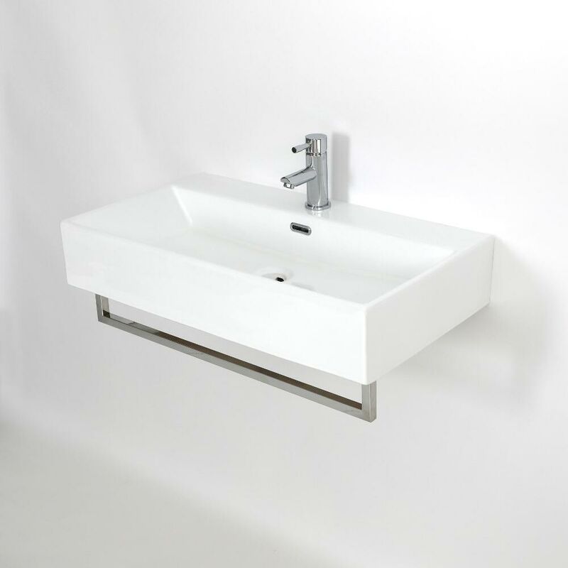 Milano Elswick - Modern White Ceramic Wall Hung Bathroom Basin Sink with One Tap Hole and Chrome Towel Rail - 750mm x 420mm