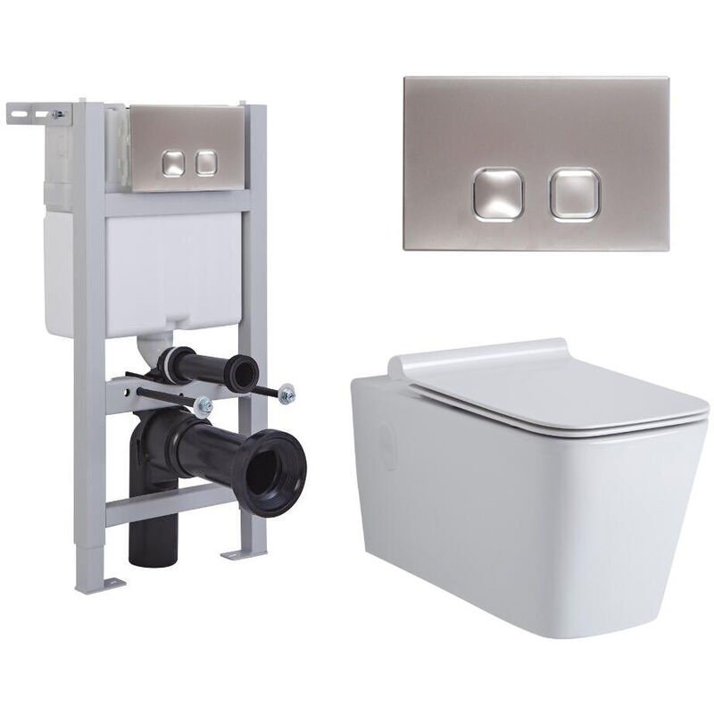 Elswick - White Ceramic Modern Bathroom Wall Hung Square Toilet WC with Short Wall Frame Cistern and Square Chrome Flush Plate - Milano