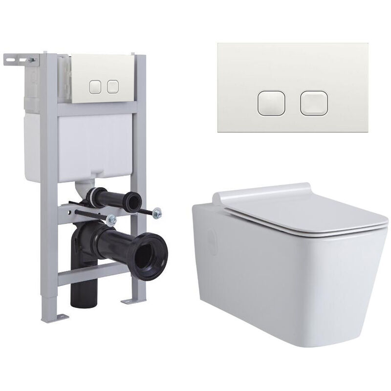 Milano Elswick - White Ceramic Modern Bathroom Wall Hung Square Toilet WC with Short Wall Frame Cistern and Square White Flush Plate