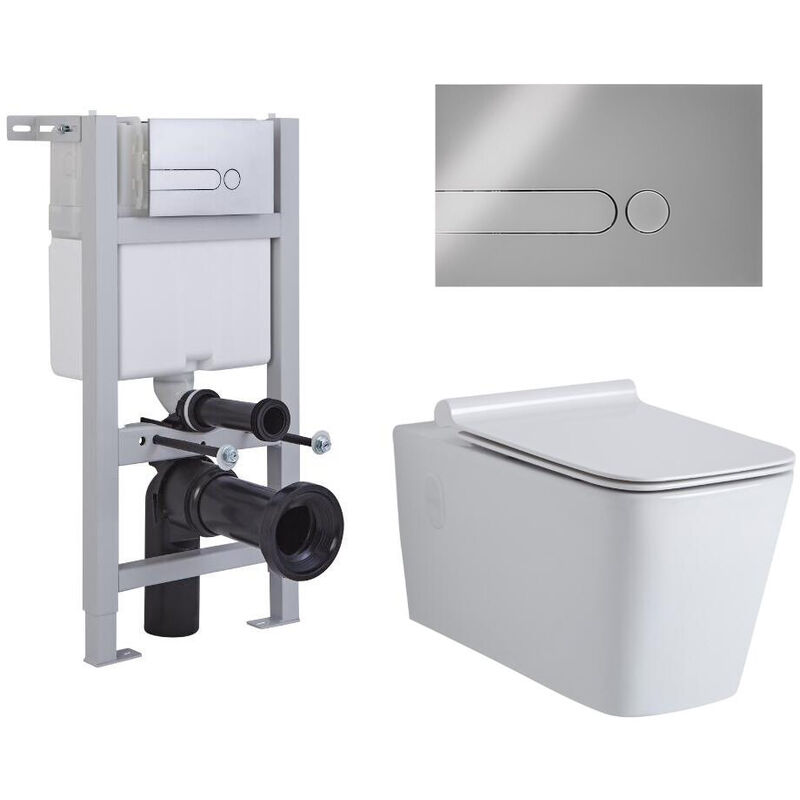 Milano - Elswick - White Ceramic Modern Bathroom Wall Hung Square Toilet wc with Short Wall Frame Cistern and Dot Chrome Flush Plate