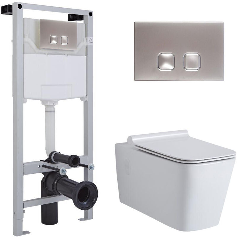 Milano Elswick - White Ceramic Modern Bathroom Wall Hung Square Toilet WC with Tall Wall Frame Cistern and Square Chrome Flush Plate