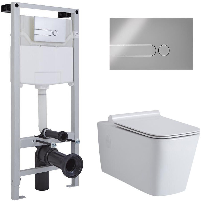 Milano - Elswick - White Ceramic Modern Bathroom Wall Hung Square Toilet wc with Tall Wall Frame Cistern and Dot Chrome Flush Plate