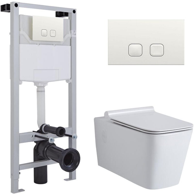 Milano Elswick - White Ceramic Modern Bathroom Wall Hung Square Toilet WC with Tall Wall Frame Cistern and Square White Flush Plate