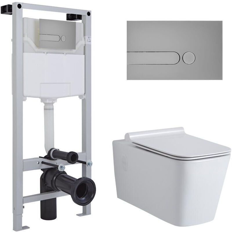 Milano Elswick - White Ceramic Modern Bathroom Wall Hung Square Toilet WC with Tall Wall Frame Cistern and Dot Satin Chrome Flush Plate