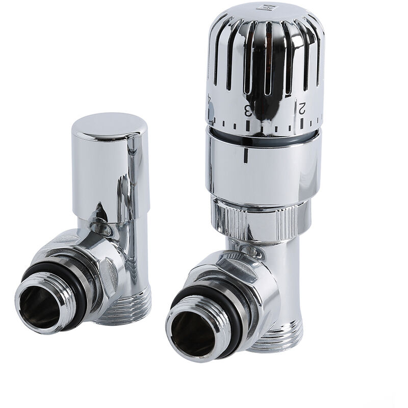 Milano – Modern Chrome Angled Thermostatic Heated Towel Rail Radiator Valves with 15mm Copper Eurocone Adapter – Pair