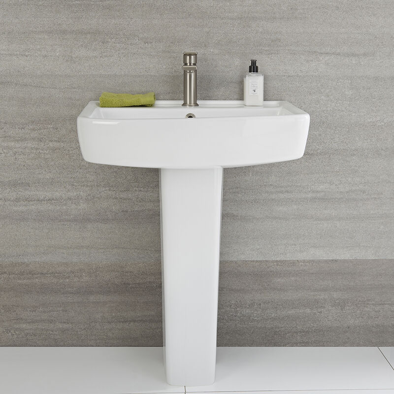 Milano Farington - Modern White Ceramic Bathroom Basin Sink with Full Pedestal and One Tap Hole - 600mm x 450mm
