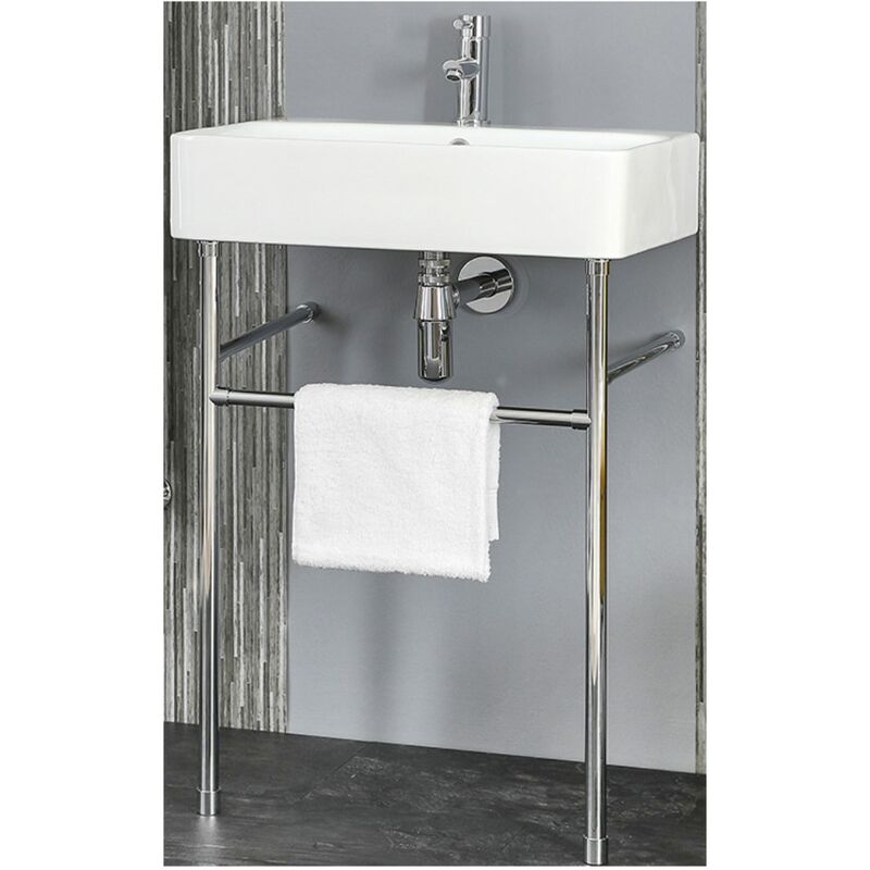 Farington - Modern White Ceramic Bathroom Basin Sink with One Tap Hole and Chrome Washstand - 600mm x 420mm - Milano