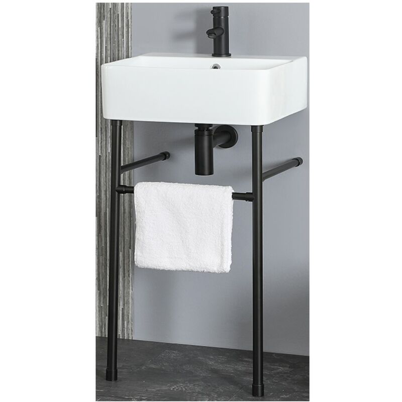 Farington - Modern White Ceramic Bathroom Basin Sink with One Tap Hole and Black Washstand - 460mm x 420mm - Milano