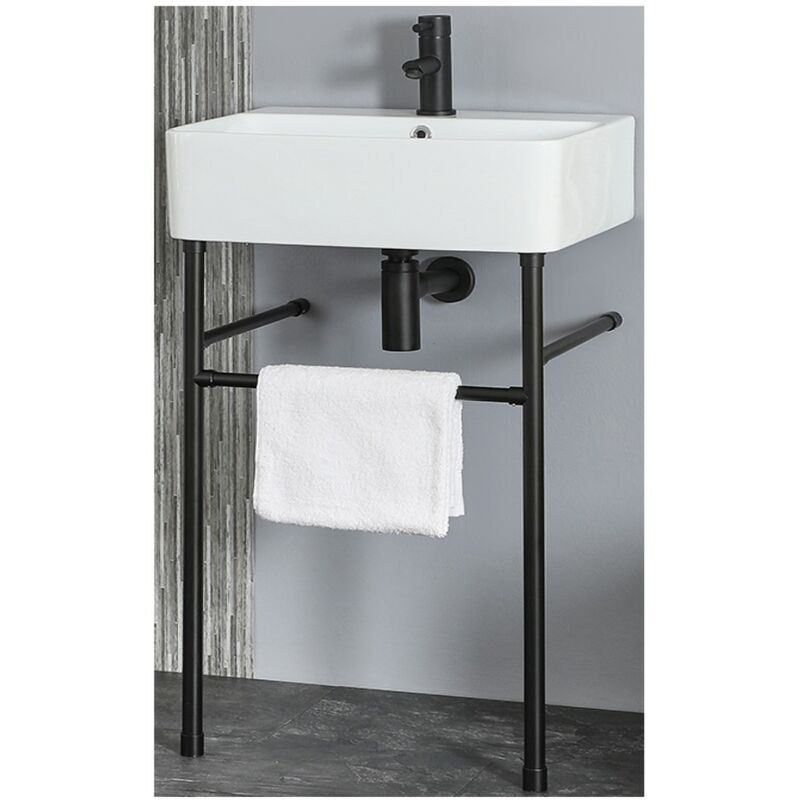 Farington - Modern White Ceramic Bathroom Basin Sink with One Tap Hole and Black Washstand - 520mm x 420mm - Milano