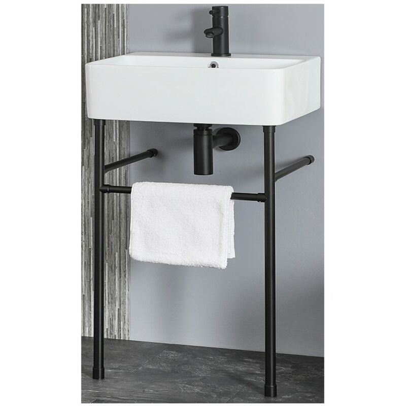 Farington - Modern White Ceramic Bathroom Basin Sink with One Tap Hole and Black Washstand - 600mm x 420mm - Milano