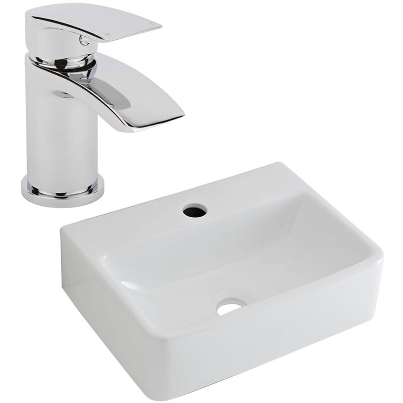 Milano Farington - Modern White Ceramic 400mm x 295mm Rectangular Countertop Wall Hung Mounted Bathroom Basin Sink and Mono Basin Mixer Tap