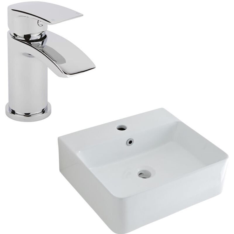 Milano Farington - Modern White Ceramic 460mm x 420mm Rectangular Countertop Bathroom Basin Sink and Mono Basin Mixer Tap