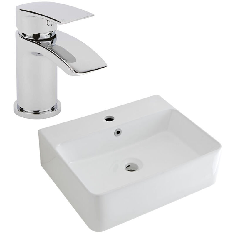 Milano Farington - Modern White Ceramic 520mm x 420mm Rectangular Countertop Wall Hung Mounted Bathroom Basin Sink and Mono Basin Mixer Tap