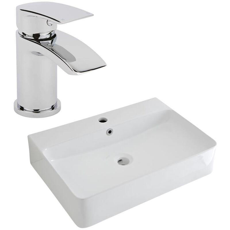 Milano Farington - Modern White Ceramic 600mm x 420mm Rectangular Countertop Bathroom Basin Sink and Mono Basin Mixer Tap