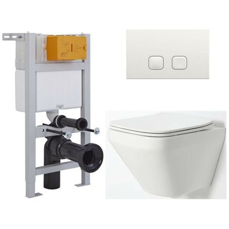 Milano Farington - White Ceramic Modern Bathroom Wall Hung Rimless Toilet with Short Wall Frame  Cistern and Flush Plate