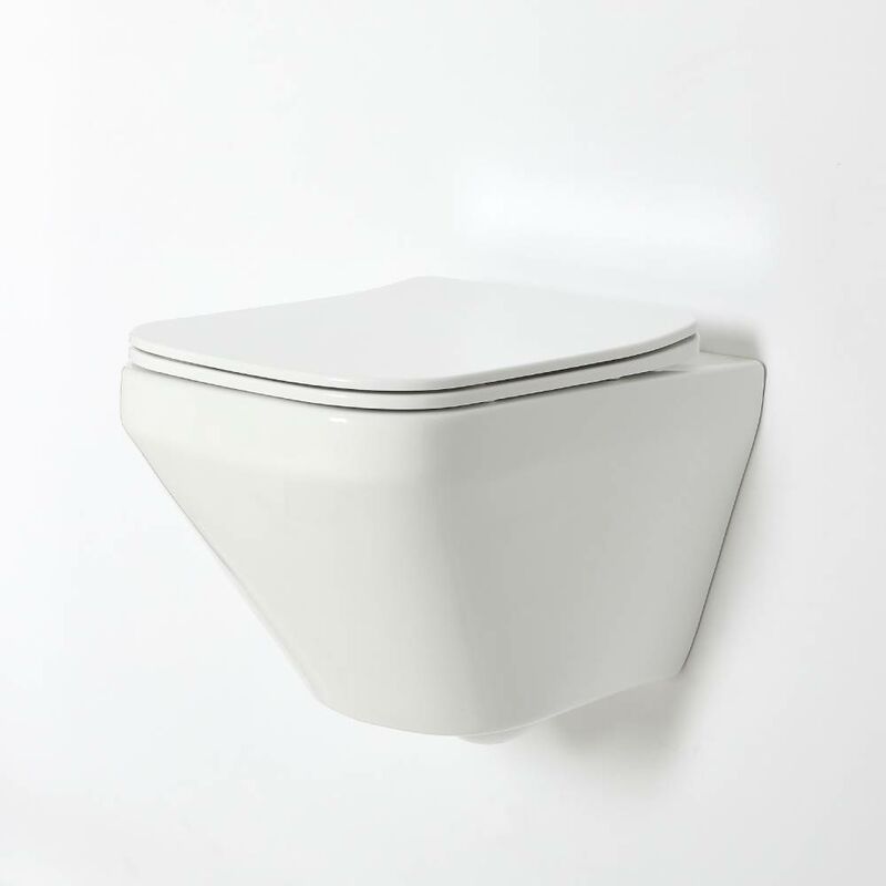 Milano - Farington - White Ceramic Modern Bathroom Wall Hung Square Rimless Toilet wc with Soft Close Seat