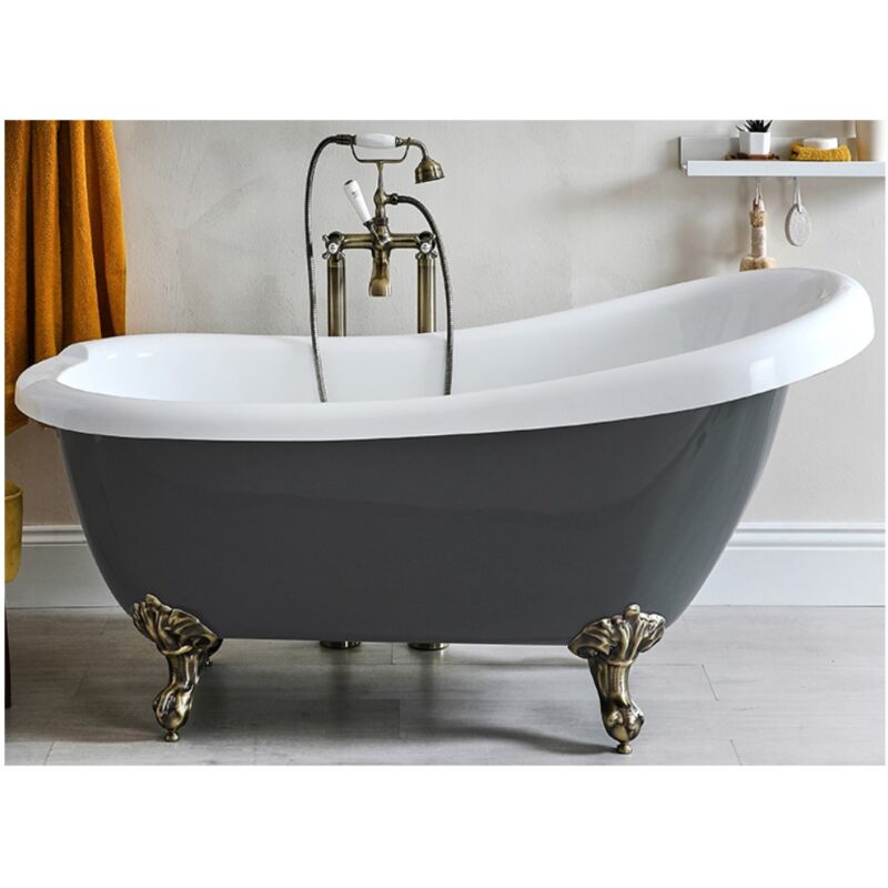 Hest - Stone Grey 1710mm x 740mm Traditional Bathroom Freestanding Slipper Bath with Feet - Brushed Gold Feet - Milano