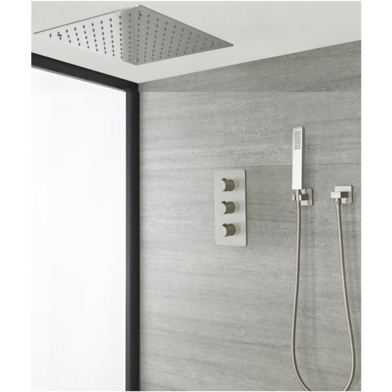 Milano - Hunston - Modern 2 Outlet Triple Thermostatic Mixer Shower Valve with Ceiling Mounted 400mm Square Recessed Rainfall Shower Head and Riser