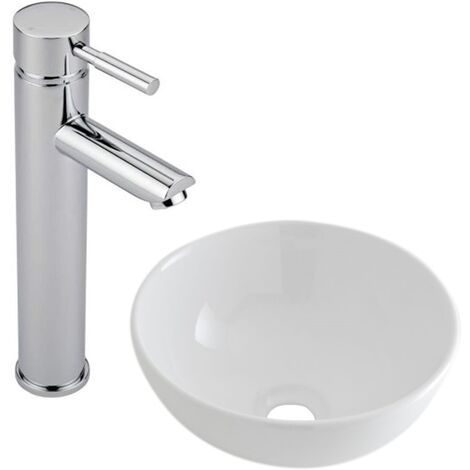 Milano Irwell - Modern White Ceramic 320mm Round Countertop Bathroom Basin Sink and High Rise Mono Basin Mixer Tap