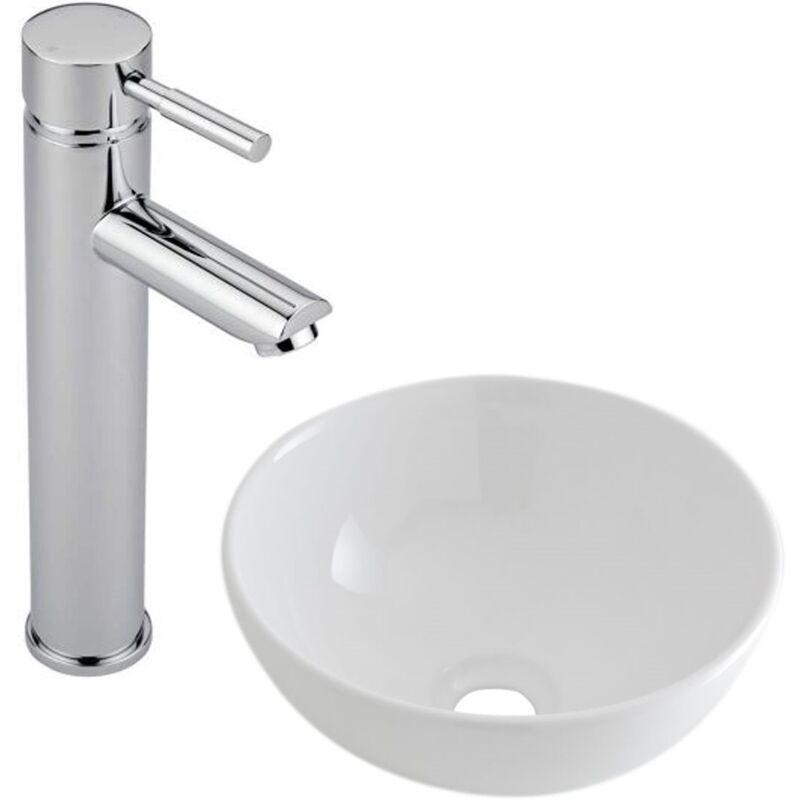 Milano Irwell - Modern White Ceramic 320mm Round Countertop Bathroom Basin Sink and High Rise Mono Basin Mixer Tap