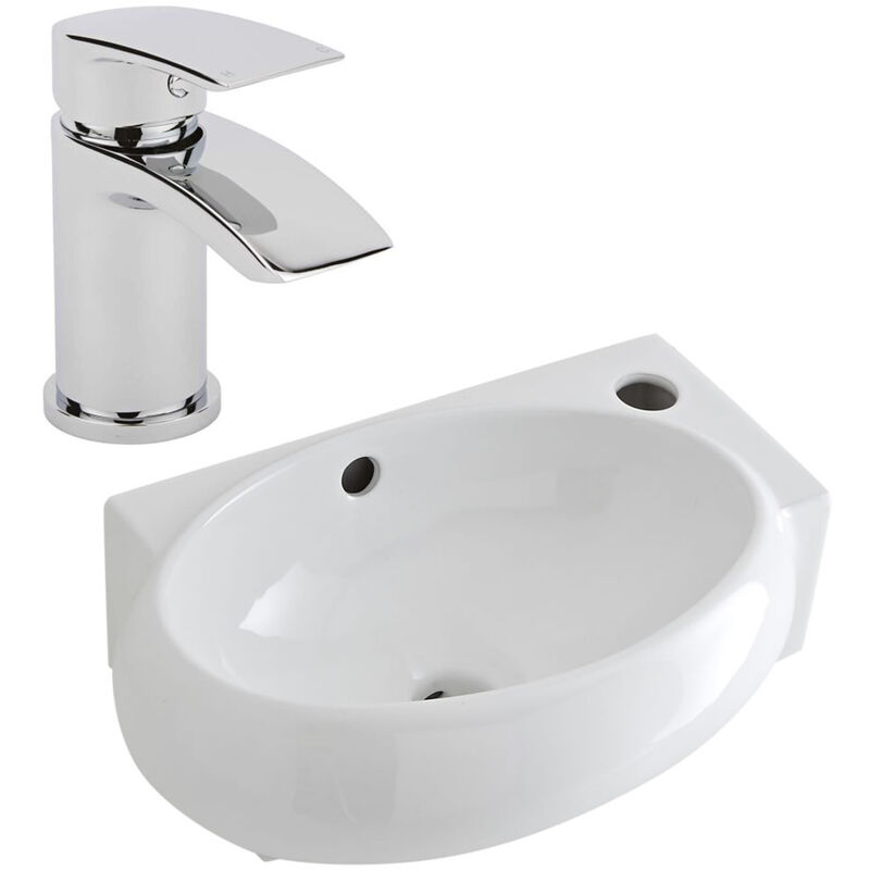 Milano Irwell - Modern White Ceramic 400mm x 280mm Wall Hung Corner Bathroom Basin Sink and Mono Basin Mixer Tap