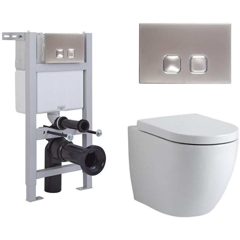 Irwell - White Ceramic Modern Bathroom Wall Hung Round Toilet WC with Short Wall Frame Cistern and Square Chrome Flush Plate - Milano