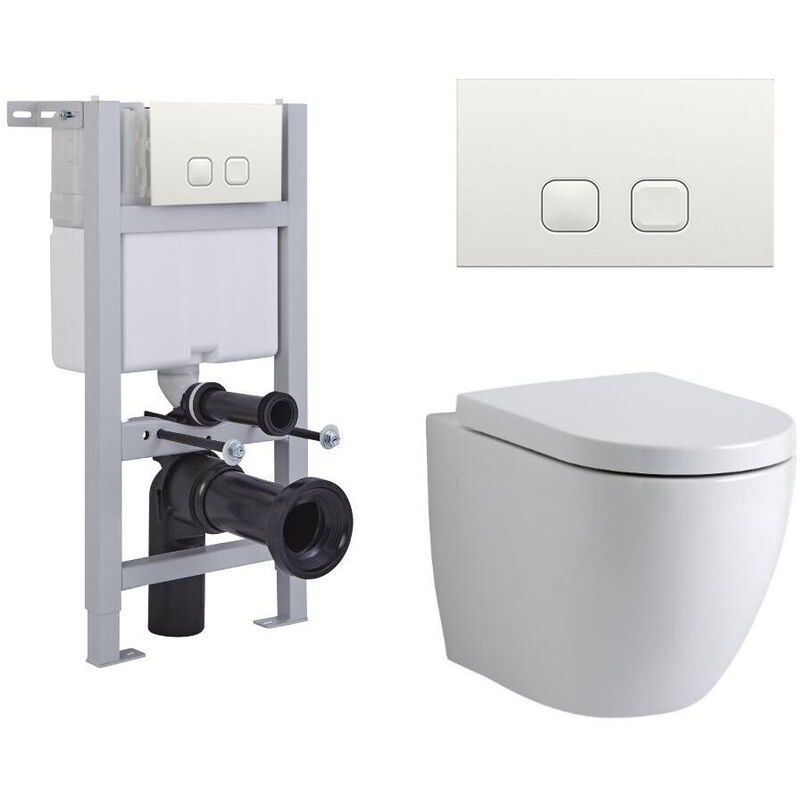 Irwell - White Ceramic Modern Bathroom Wall Hung Round Toilet WC with Short Wall Frame Cistern and Square White Flush Plate - Milano