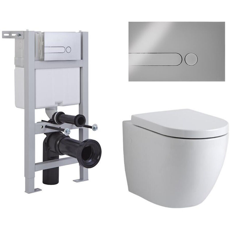 Irwell - White Ceramic Modern Bathroom Wall Hung Round Toilet WC with Short Wall Frame Cistern and Dot Chrome Flush Plate - Milano