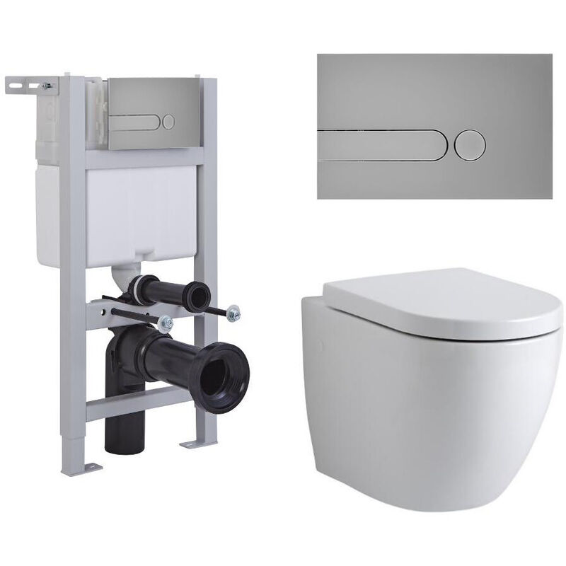 Irwell - White Ceramic Modern Bathroom Wall Hung Round Toilet WC with Short Wall Frame Cistern and Dot Satin Chrome Flush Plate - Milano