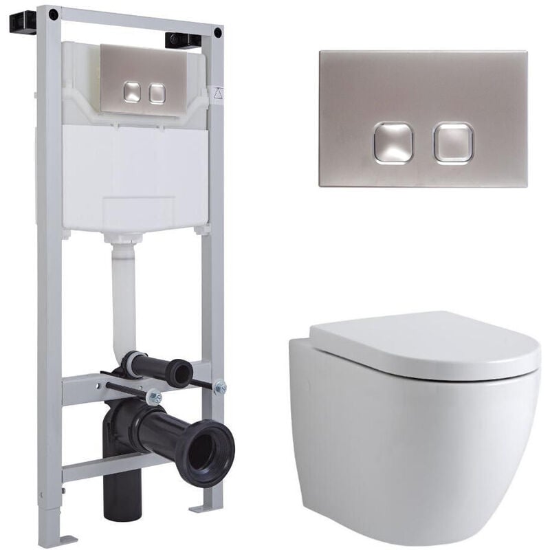 Milano Irwell - White Ceramic Modern Bathroom Wall Hung Round Toilet WC with Tall Wall Frame Cistern and Square Chrome Flush Plate