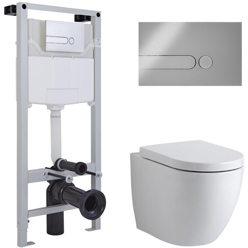 Milano Irwell - White Ceramic Modern Bathroom Wall Hung Round Toilet WC with Tall Wall Frame Cistern and Dot Chrome Flush Plate