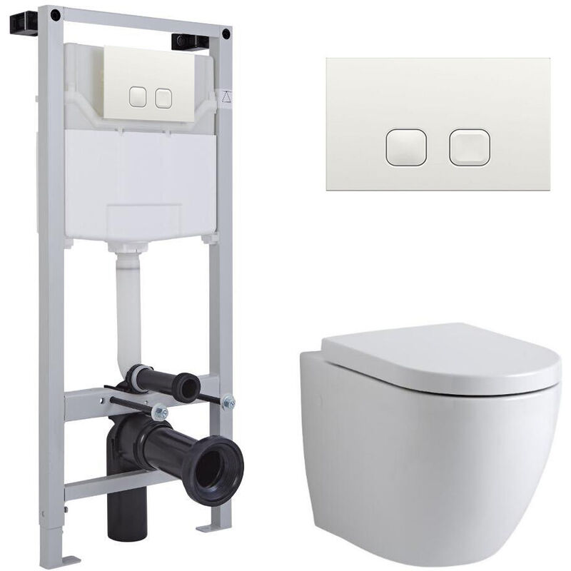 Milano Irwell - White Ceramic Modern Bathroom Wall Hung Round Toilet WC with Tall Wall Frame Cistern and Square White Flush Plate