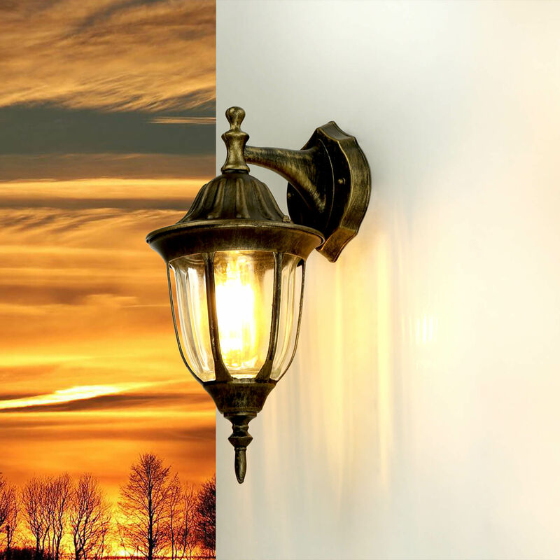 Image of Licht-erlebnisse - milano Lampada da parete con braccio all'ingiù per esterni design rustico a forma di Lanterna color oro antico E27 - Oro antico