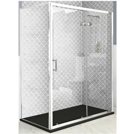 Milano Langley Chrome Corner Sliding Door Shower Enclosure with Graphite Slate Effect Tray and Fast Flow Waste - 1400mm x 800mm
