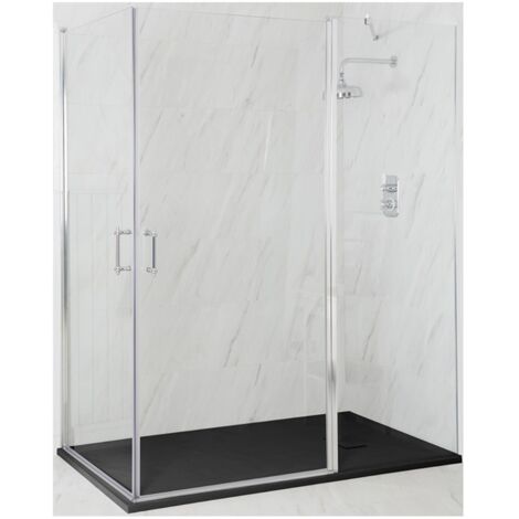 Milano Langley Chrome Corner Walk In Wet Room Double Hinged Door Shower Enclosure with Graphite Slate Effect Tray and Fast Flow Waste - 1200mm x 800mm