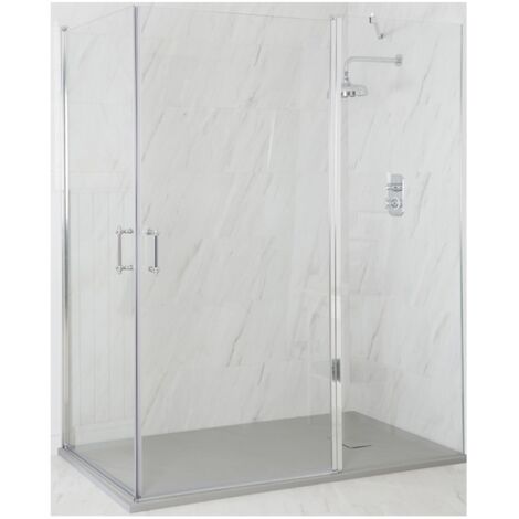 Milano Langley Chrome Corner Walk In Wet Room Double Hinged Door Shower Enclosure with Light Grey Slate Effect Tray and Fast Flow Waste - 1400mm x 800mm