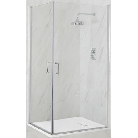 Milano Langley Chrome Corner Walk In Wet Room Double Hinged Door Shower Enclosure with White Slate Effect Tray and Fast Flow Waste - 1000mm x 800mm