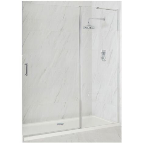 Milano Langley Chrome Walk In Wet Room Hinged Door Frameless Shower Enclosure and White Tray with Fast Flow Waste - 1100mm x 700mm