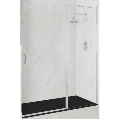 Milano Langley Chrome Wet Room Walk In Hinged Door Frameless Shower Enclosure with Graphite Slate Effect Tray and Fast Flow Waste - 1400mm x 800mm
