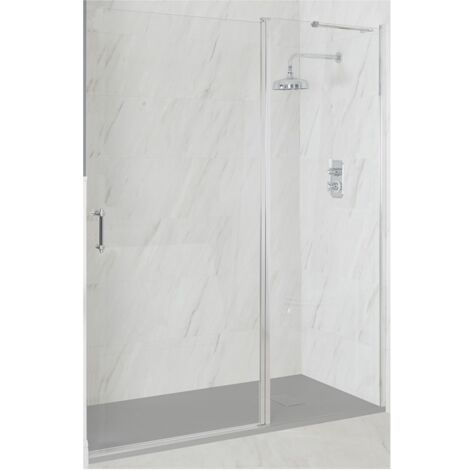 Milano Langley Chrome Wet Room Walk In Hinged Door Frameless Shower Enclosure with Light Grey Slate Effect Tray and Fast Flow Waste - 1400mm x 800mm