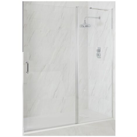 Milano Langley Chrome Wet Room Walk In Hinged Door Frameless Shower Enclosure with White Slate Effect Tray and Fast Flow Waste - 1200mm x 800mm