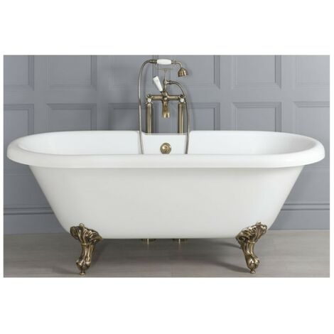 Milano Legend White 1795mm x 785mm Bathroom Double Ended Freestanding Roll Top Bath with Feet - Brushed Gold Feet