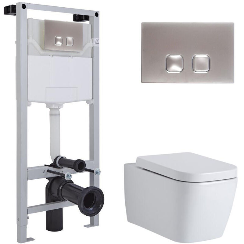 Milano Longton - White Ceramic Modern Bathroom Wall Hung Square Toilet WC with Tall Wall Frame, Dual Flush Cistern, Soft Close Seat and Square Chrome