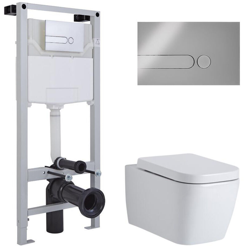 Milano Longton - White Ceramic Modern Bathroom Wall Hung Square Toilet WC with Tall Wall Frame, Dual Flush Cistern, Soft Close Seat and Dot Chrome