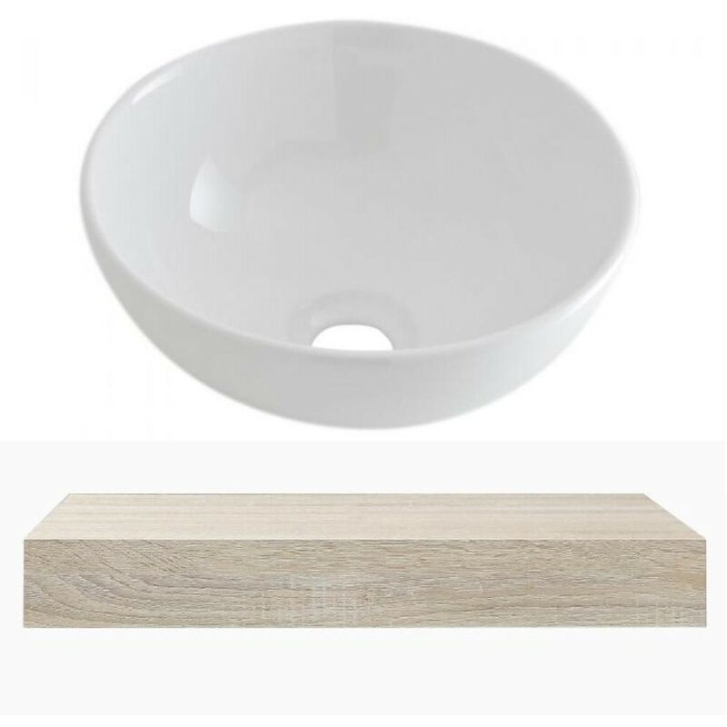 Lurus - Modern 600mm Wall Mounted Bathroom Floating Shelf and Round Countertop Basin Sink - Oak - Milano
