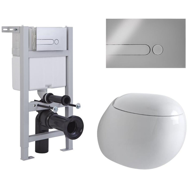 Mellor - White Ceramic Modern Bathroom Wall Hung Round Toilet WC with Short Wall Frame Cistern and Dot Chrome Flush Plate - Milano