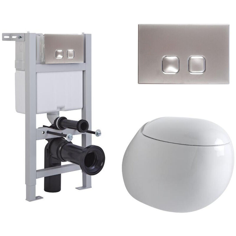 Mellor - White Ceramic Modern Bathroom Wall Hung Round Toilet WC with Short Wall Frame Cistern and Square Chrome Flush Plate - Milano