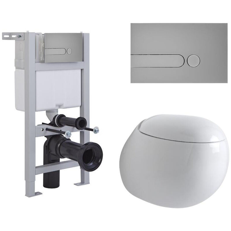 Mellor - White Ceramic Modern Bathroom Wall Hung Round Toilet WC with Short Wall Frame Cistern and Dot Satin Chrome Flush Plate - Milano